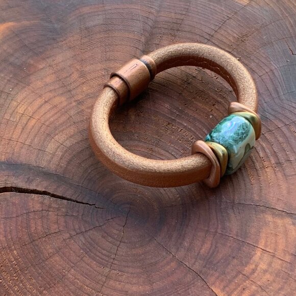 Artisan Leather Copper & Ceramic Cuff Bracelet Magnetic Closure - Picture 5 of 9